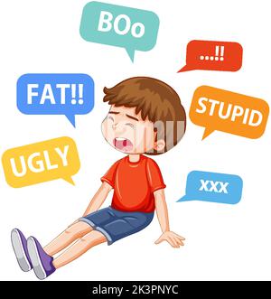 Sad boy surrounded by bullying words illustration Stock Vector