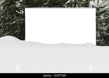Empty poster in forest at winter. blank mockup advertising banner in ski resort Stock Photo