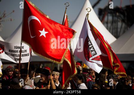 Izmir, Turkey - September 9, 2022: Close up shot of Turkish flag and People of Kuvayi Milliye Mujahideen Association, at the celebrations Liberation d Stock Photo