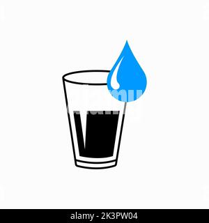 Glass of clean water with drop falling in it. Flat icon. Raster illustration Stock Vector