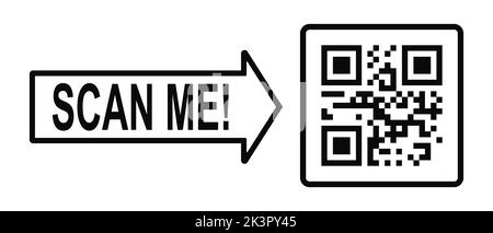 Scan me concept. QR code icon in square frame with pointing arrow. Template of quick responce matrix barcode. Mobile phone camera readable digital tag. Vector graphic illustration Stock Vector