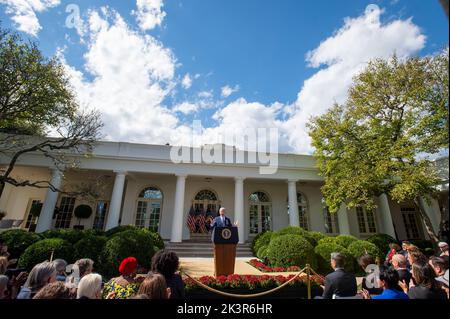 United States President Joe Biden delivers remarks focused on lowering health care costs and protecting and strengthening Medicare and Social Security, in the Rose Garden at the White House in Washington, DC, Tuesday, September 27, 2022, Credit: Rod Lamkey/CNP /MediaPunch Stock Photo
