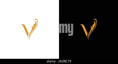 V Leaf Logo Letter Design with Golden Leaf Outline Vector Illustration ...