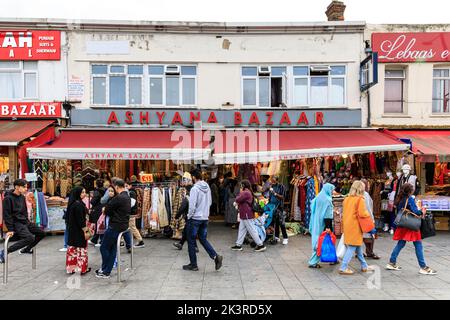 Punjabi, Indian and Asian shops and people shopping in Southall High Street, Southall, West London, England, UK Stock Photo