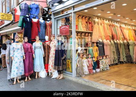 Punjabi, Indian and Asian shops and people shopping in Southall High Street, Southall, West London, England, UK Stock Photo