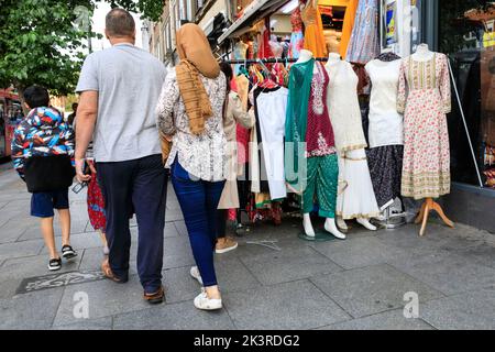 Punjabi, Indian and Asian shops and people shopping in Southall High Street, Southall, West London, England, UK Stock Photo