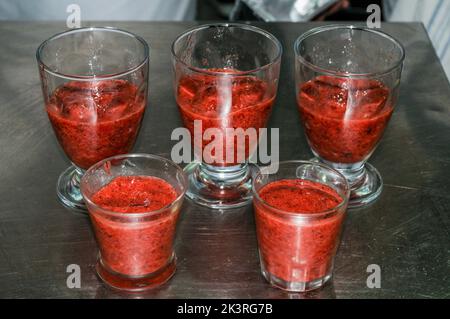 Strawberry sorbet. Traditional summer dessert. On the kitchen table Stock Photo