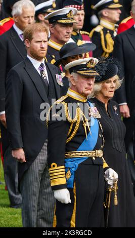 LONDON - SEPTEMBER 19: King Charles III, Camilla, Queen Consort, Prince Harry, Duke of Sussex, Meghan, Duchess of Sussex, at he State Funeral of Queen Elizabeth II on September 19, 2022.  Photo: David Levenson/Alamy Stock Photo