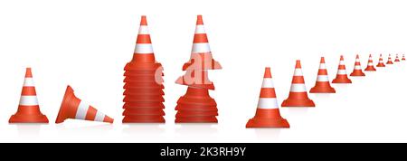 Traffic cones, upright and fallen, neatly and messily stacked and regularly lined up pylons for regulation of traffic on roads or highways. Stock Photo