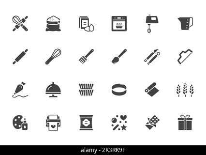 Bakery flat illustration including icons of Baking tool - confectionery bag, dough roll, cake decorating, pastry ingredient vector illustration Stock Vector