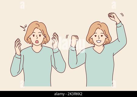 Young woman feeling unhappy and happy showing different emotions. Emotional girl feel stressed and excited. Mood swing. Vector illustration.  Stock Vector