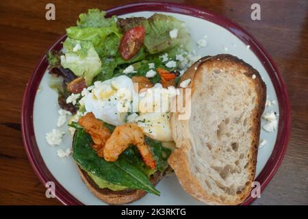 A Breakfast of bread shrimps and  eggs Stock Photo