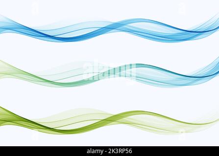 Bright fresh collection of soft blue-green waves. Abstract smooth soft dividing lines, trendy headers or footers Stock Vector