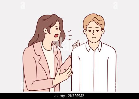 Aggressive annoying woman yelling at tired bored husband. Furious mad