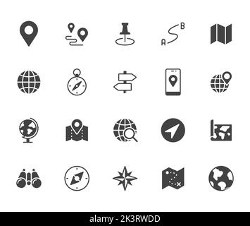 Location flat illustration including icons - compass, travel, globe, map, geography, earth, distance, direction vector illustration. Simple Glyph Stock Vector