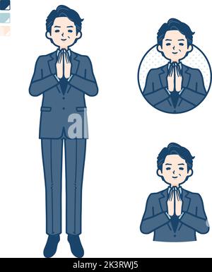 A middle age Businessman in a suit with press hands in prayer images.It's vector art so it's easy to edit. Stock Vector