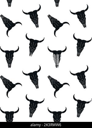 Vector seamless pattern of hand drawn cow bull skull silhouette isolated on white background Stock Vector