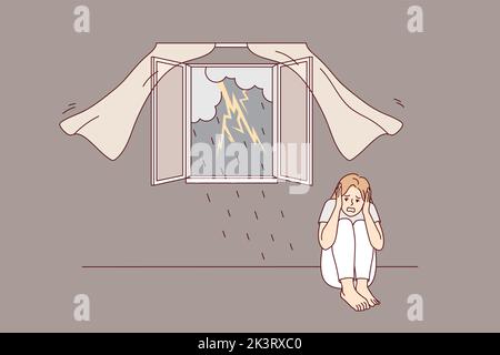 Scared girl sitting on floor afraid of storm outdoors. Terrified young woman feel stressed and frightened of lightning and thunderstorm. Vector illustration.  Stock Vector