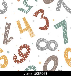 Seamless pattern with doodle hand drawn numbers in Scandinavian Style. Vector background with colorful pastel numbers on white, kids nursery backdrop Stock Vector