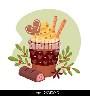 Sweet and warm drink with cookies, waffle tubes, star anise, and a chocolate bar. Christmas candies collection. Isolated vector illustration. Stock Vector