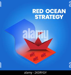 Isometric blue ocean strategy is comparison 2 market; red ocean and blue ocean market and customer for marketing analysis and plan. The origami presen Stock Vector