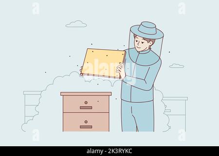 Beekeeper in costume work with bee combs in garden. Man apiarist at bee farm outdoors. Occupation concept. Vector illustration.  Stock Vector
