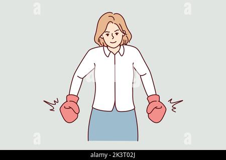 Strong businesswoman in boxing gloves show leadership and power. Powerful female employee or worker demonstrate strength. Vector illustration.  Stock Vector