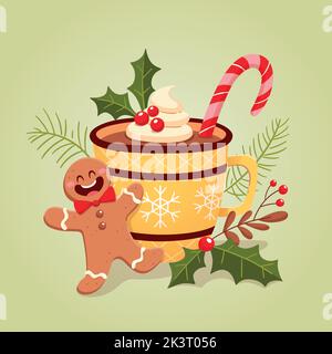Smiling gingerbread man in front of a large cup of coffee with cream and a christmas candy cane, decorated with holly leaves and berries. Christmas ca Stock Vector