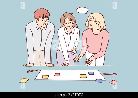 Businesspeople brainstorm at office meeting discuss business ideas with sticky notes together. Smiling employees or colleagues engaged in teamwork activity. Vector illustration.  Stock Vector
