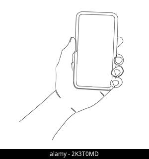single line drawing of hand holding smartphone isolated on white background, line art vector illustration Stock Vector