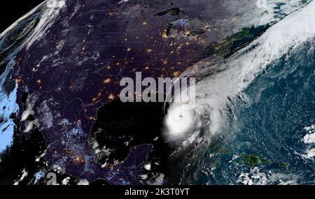 Modis Noaa, Earth Orbit. 28th Sep, 2022. MODIS NOAA, EARTH ORBIT. 28 September, 2022. Dawn view of Hurricane Ian as it moves closer to the west coast of Florida as a Category 4 dangerous storm fed by the warm waters of the Gulf of Mexico as seen from the GEOS NOAA satellite, September 28, 2022 in Earth Orbit. Credit: GEOS NOAA/NOAA/Alamy Live News Stock Photo