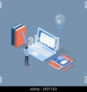 Isometric online education, e learning and adult courses concept. Language distance school. Modern 3d vector illustration for web site, banner design, Stock Vector