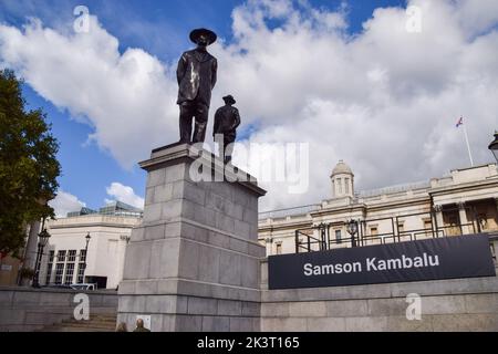 London, UK. 28th Sep, 2022. Artist Samson Kambalu's sculpture 'Antelope', which was unveiled as the latest Fourth Plinth artwork in Trafalgar Square. The artwork features statues of pan-Africanist and Baptist preacher John Chilembwe, and European missionary John Chorley. Credit: Vuk Valcic/Alamy Live News Stock Photo
