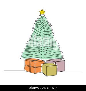 single line drawing of presents under christmas tree, line art vector illustration Stock Vector