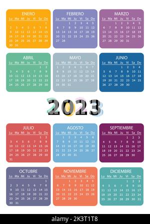 Pocket calendar on 2023 year, Spanish. Color vertical calendar. Week starts from Monday. Vector template for business. Stock Vector