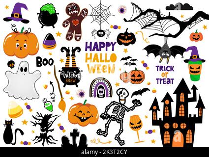 Happy Halloween - cute characters and scary elements. A scrapbook collection of Halloween party decorations. Hunted house, skeleton, scary characters. Stock Vector