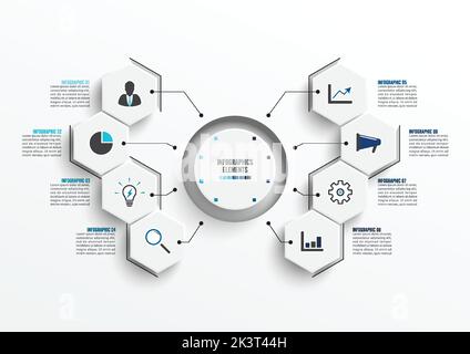 Vector infographic template with 3D paper label, integrated circles. Business concept with 8 options. For content, diagram, flowchart, steps, parts, t Stock Vector