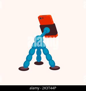 Tripod phone stand sticker for a social media, making a blog or vlog vector flat illustration. Set of cartoon icons for making internet content Stock Vector