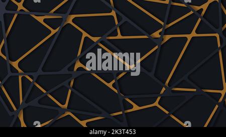 3d geometric paper cut background with dark black and gold colors. Realistic vector backdrop with cut out stripe entangled web grey and orange color Stock Vector