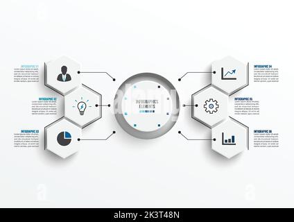 Vector infographic template with 3D paper label, integrated circles. Business concept with 6 options. For content, diagram, flowchart, steps, parts, t Stock Vector