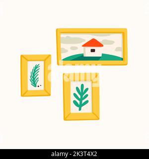 Framed pictures, photo gallery vector flat illustration. Set of cartoon icons. Stock Vector
