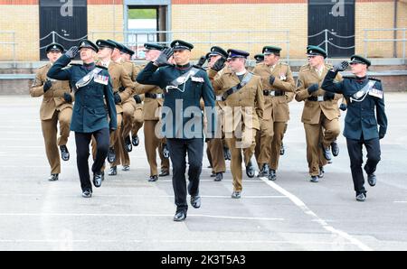 Soldiers, Officers, and Bandsmen on parade, as The Duchess of Cornwall, Royal Colonel, 4th Battalion The Rifles, visited New Normandy Barracks, Aldershot to meet members of the Battalion and their families, and to attend the Medals Parade. 65 medals were presented to soldiers of all ranks. New Normandy Barracks, Aldershot. Stock Photo