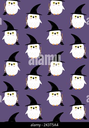 Vector seamless pattern of hand drawn flat witch Halloween owl isolated on violet background Stock Vector