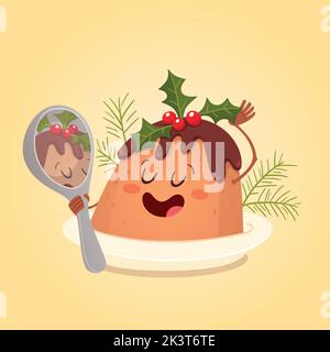 Funny and smug christmas cake looking himself in a spoon reflection. Christmas candies collection. Cartoon vector illustration. Stock Vector