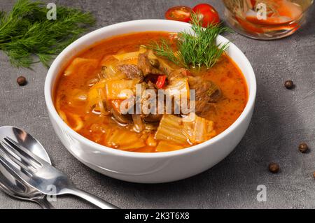 tasty lagman with noodles is a traditional Uzbek dish Stock Photo