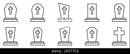 Cemetery gravestones. Set of linear icons of different tombstone ...
