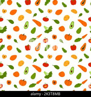 Vector seamless pattern with hand drawn flat cartoon veggies and fruit. Colorful wallpaper in cute doodle style for printing, web design, textile, wra Stock Vector