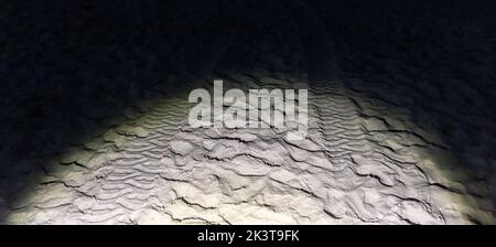 Flash light illuminating tracks in sand at night Stock Photo