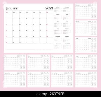 English language planer calendar 2023, Week starts with Sunday. Stock Vector