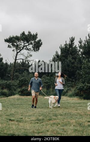 Lovely couple walking Labrador Retriever in cloudy day in park Stock Photo